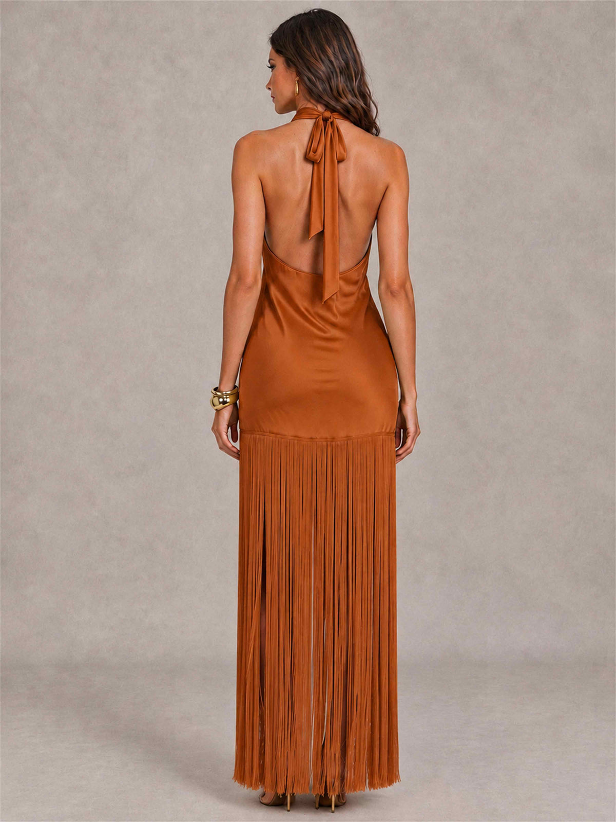 Halter Neck Sheath Sleeveless Satin Wedding Guest Dress with Fringe
