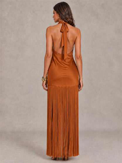 Halter Neck Sheath Sleeveless Satin Wedding Guest Dress with Fringe