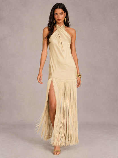 Halter Neck Sheath Sleeveless Satin Wedding Guest Dress with Fringe