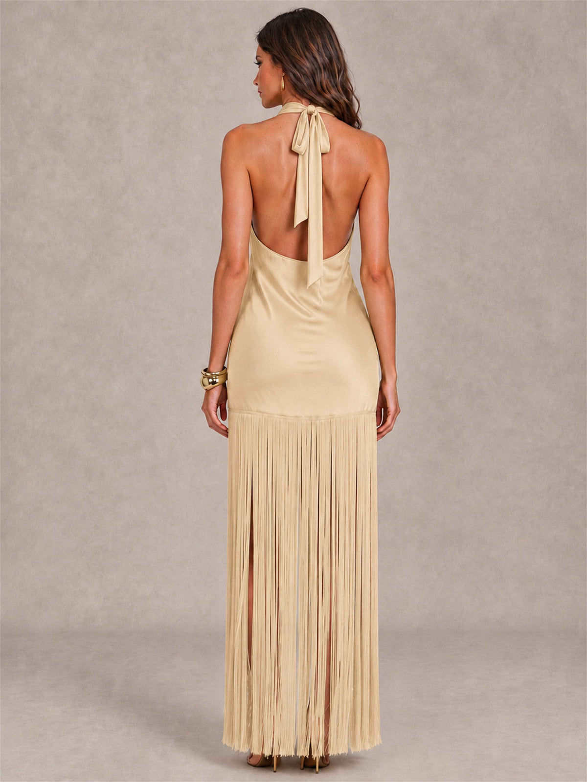 Halter Neck Sheath Sleeveless Satin Wedding Guest Dress with Fringe
