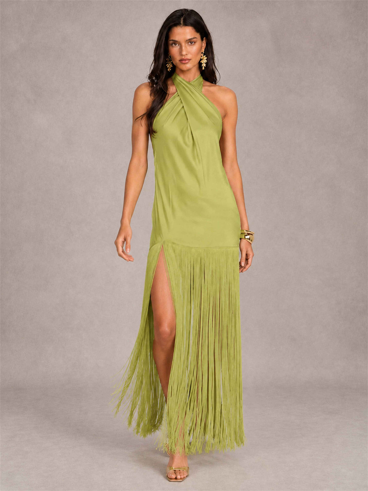 Halter Neck Sheath Sleeveless Satin Wedding Guest Dress with Fringe