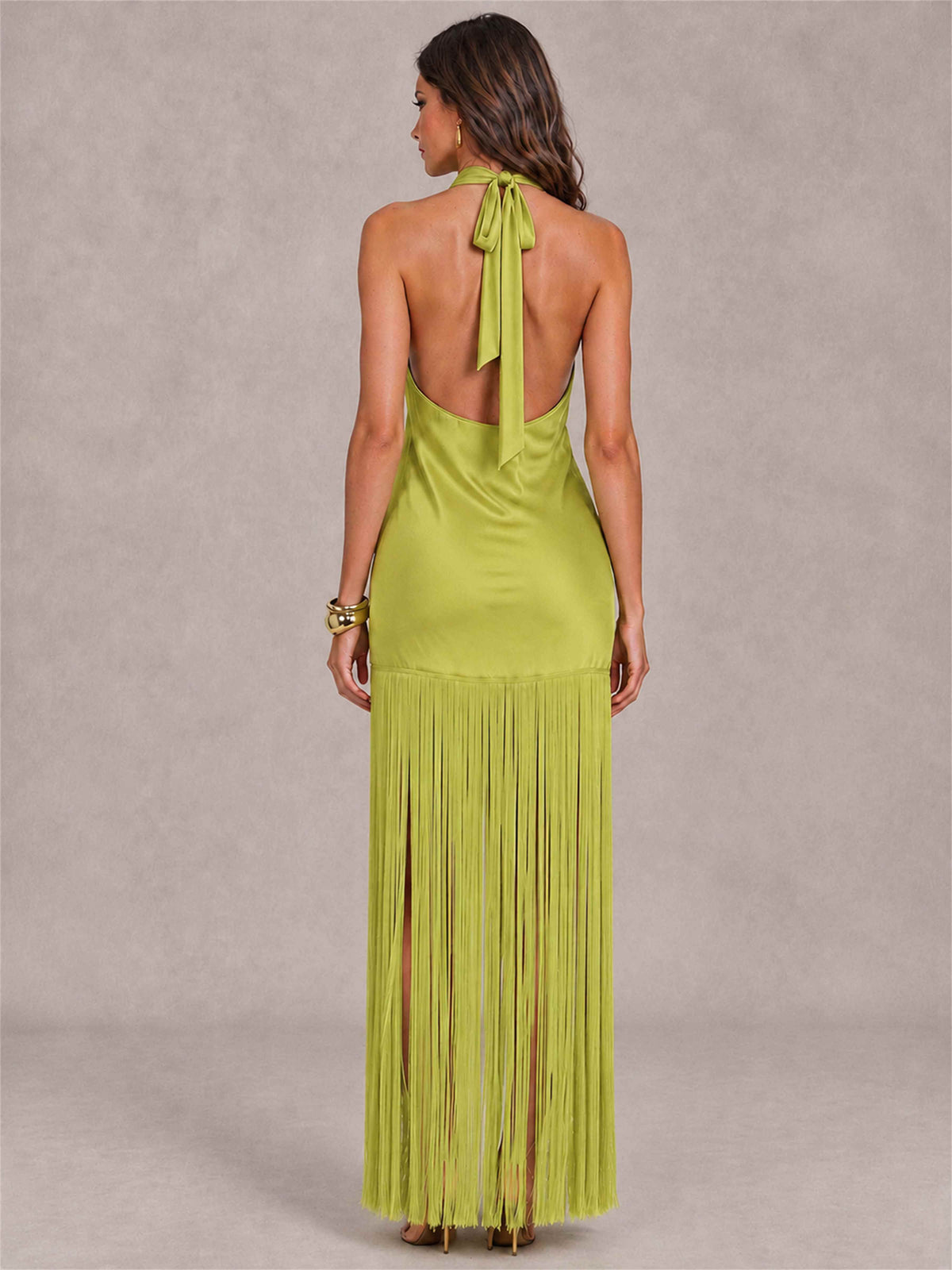 Halter Neck Sheath Sleeveless Satin Wedding Guest Dress with Fringe