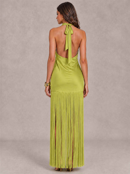 Halter Neck Sheath Sleeveless Satin Wedding Guest Dress with Fringe