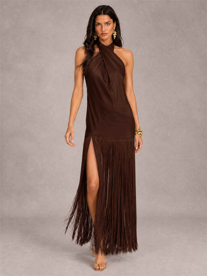 Halter Neck Sheath Sleeveless Satin Wedding Guest Dress with Fringe