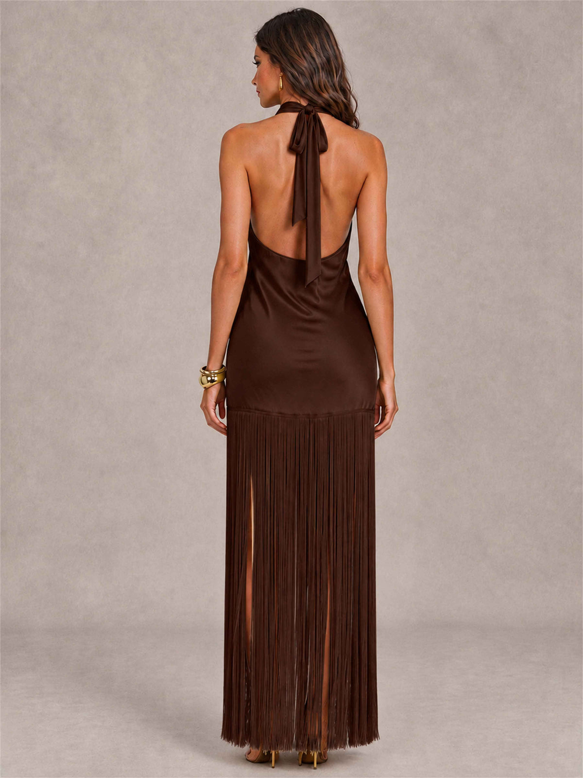 Halter Neck Sheath Sleeveless Satin Wedding Guest Dress with Fringe