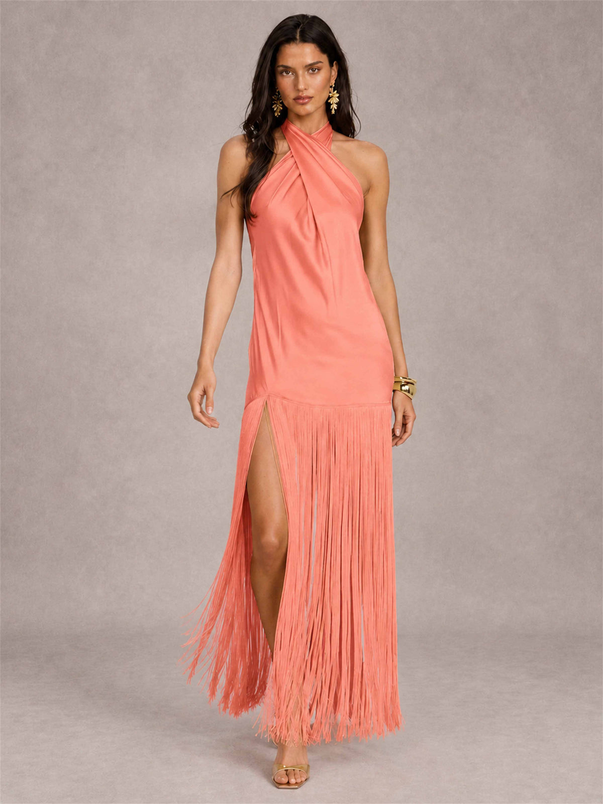 Halter Neck Sheath Sleeveless Satin Wedding Guest Dress with Fringe
