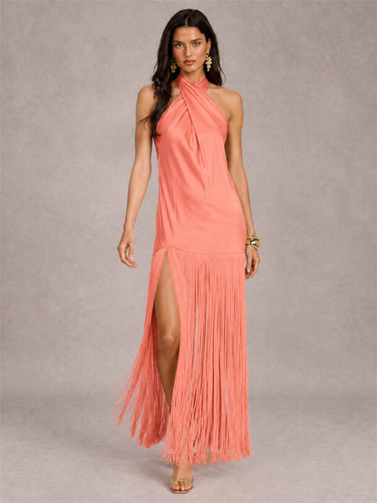 Halter Neck Sheath Sleeveless Satin Wedding Guest Dress with Fringe