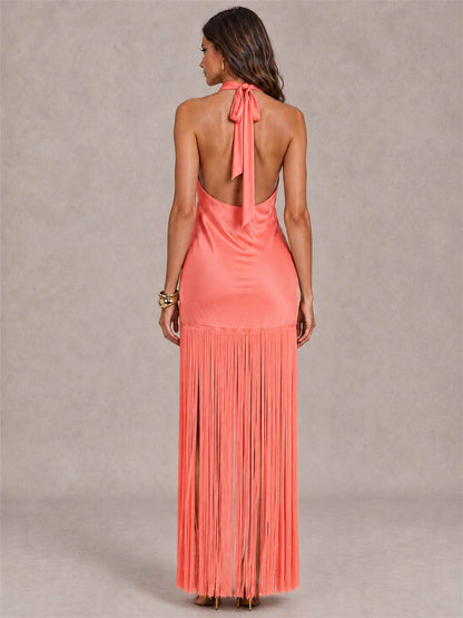 Halter Neck Sheath Sleeveless Satin Wedding Guest Dress with Fringe