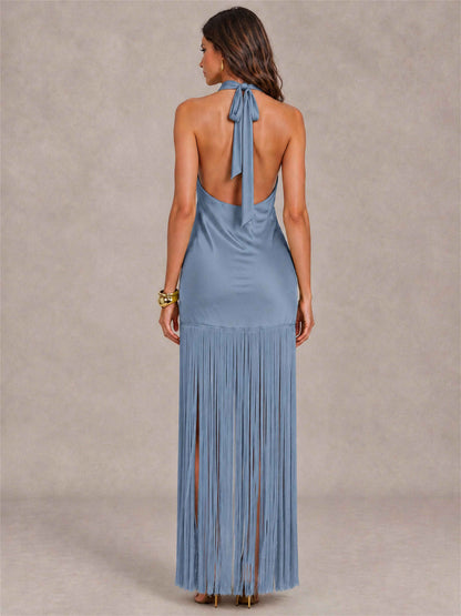 Halter Neck Sheath Sleeveless Satin Wedding Guest Dress with Fringe