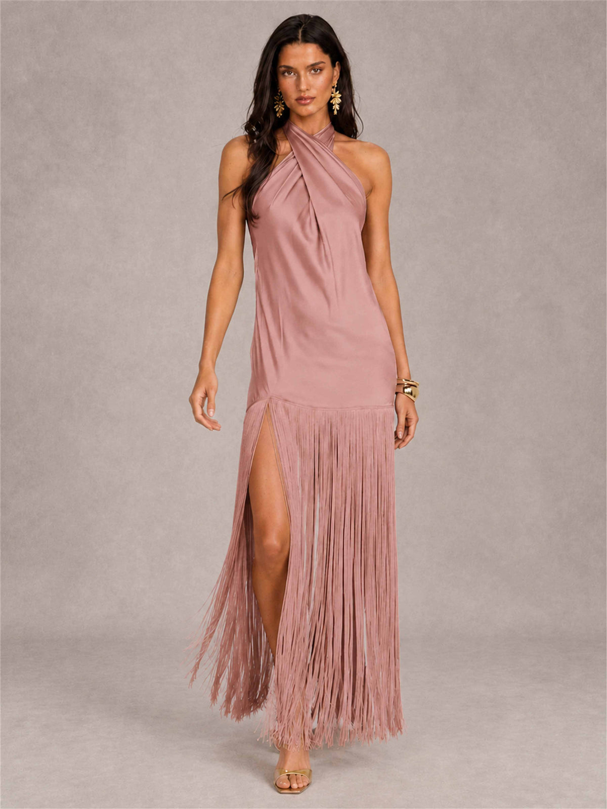 Halter Neck Sheath Sleeveless Satin Wedding Guest Dress with Fringe