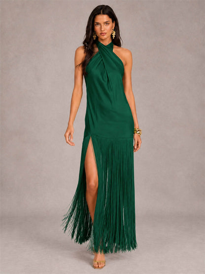 Halter Neck Sheath Sleeveless Satin Wedding Guest Dress with Fringe