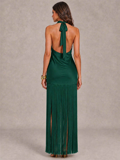 Halter Neck Sheath Sleeveless Satin Wedding Guest Dress with Fringe