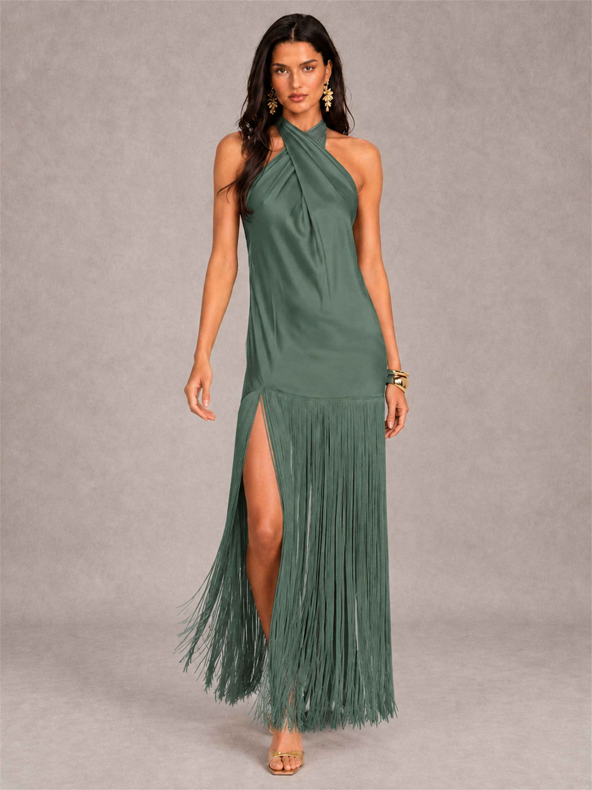 Halter Neck Sheath Sleeveless Satin Wedding Guest Dress with Fringe