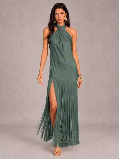 Halter Neck Sheath Sleeveless Satin Wedding Guest Dress with Fringe