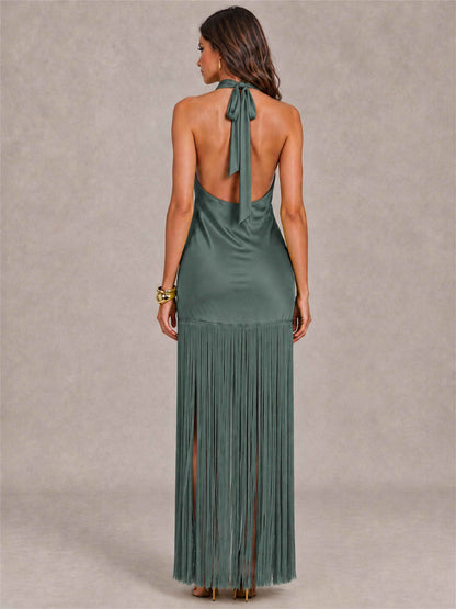 Halter Neck Sheath Sleeveless Satin Wedding Guest Dress with Fringe