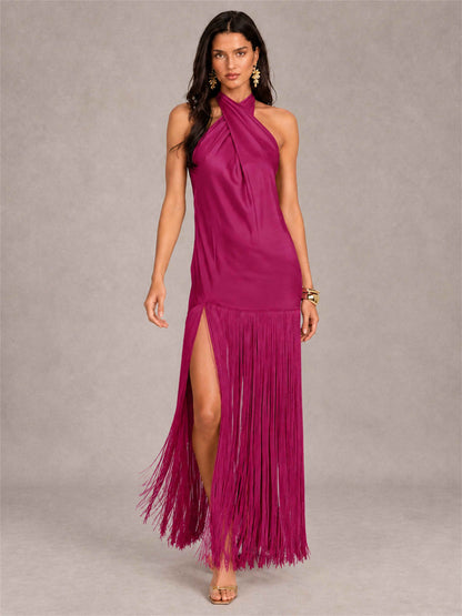 Halter Neck Sheath Sleeveless Satin Wedding Guest Dress with Fringe
