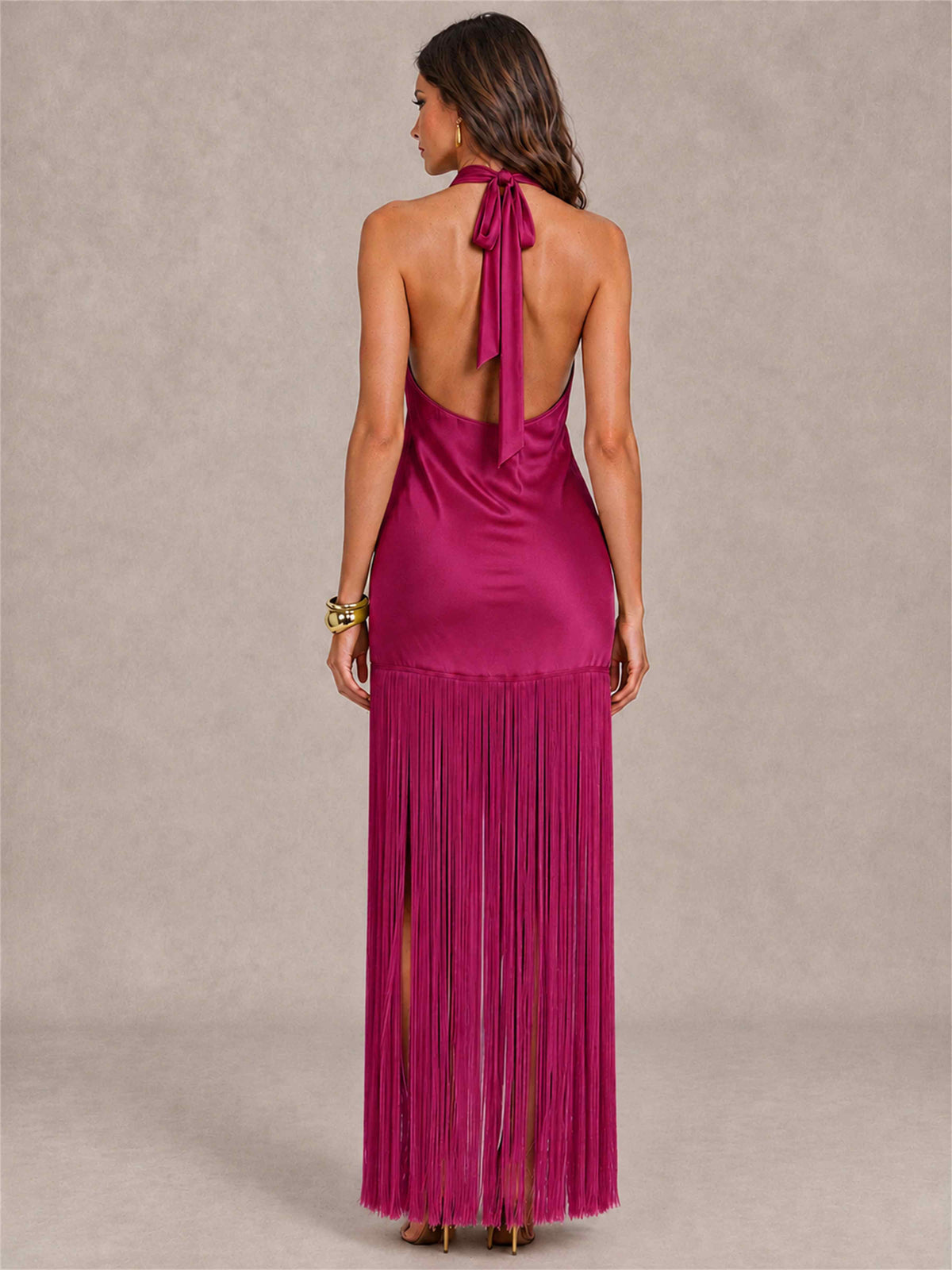 Halter Neck Sheath Sleeveless Satin Wedding Guest Dress with Fringe