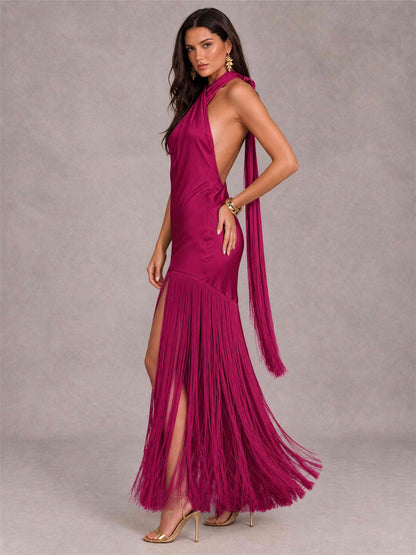 Halter Neck Sheath Sleeveless Satin Wedding Guest Dress with Fringe