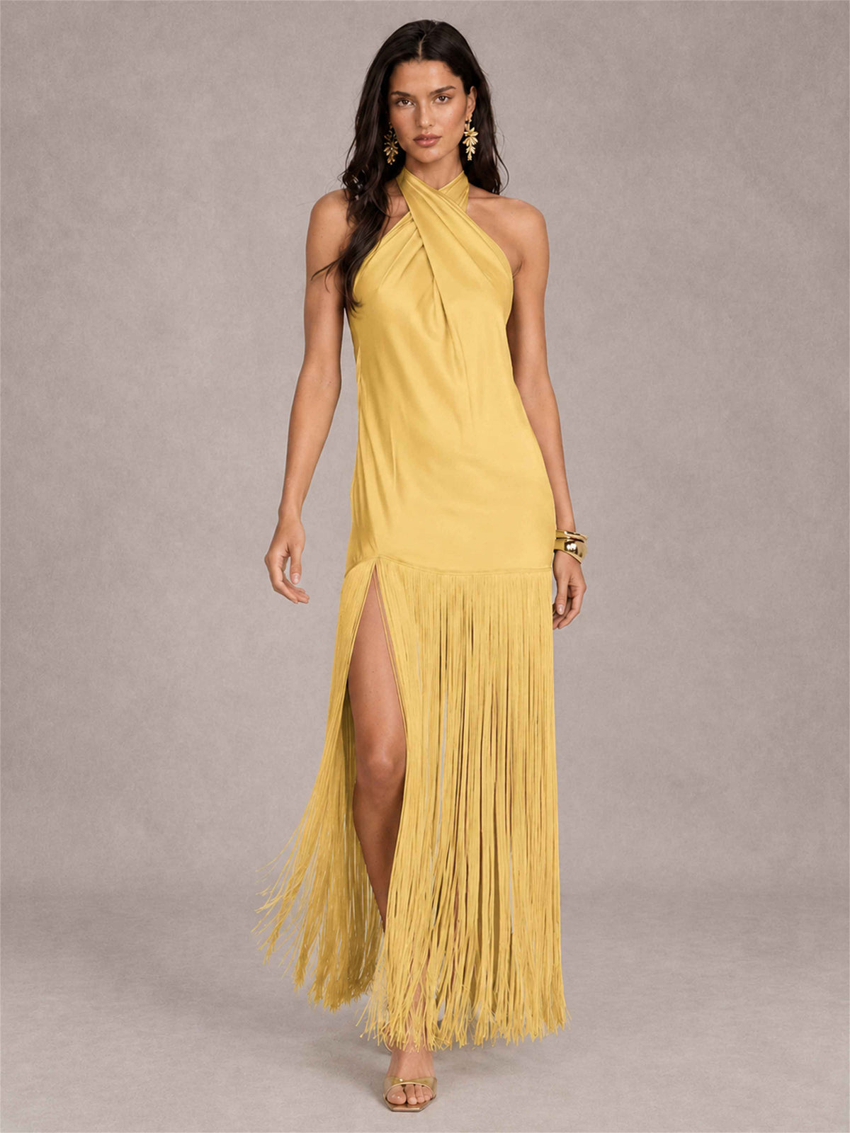Halter Neck Sheath Sleeveless Satin Wedding Guest Dress with Fringe