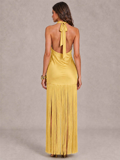 Halter Neck Sheath Sleeveless Satin Wedding Guest Dress with Fringe