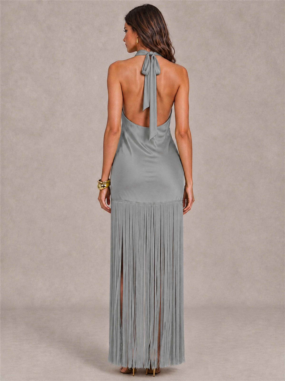 Halter Neck Sheath Sleeveless Satin Wedding Guest Dress with Fringe