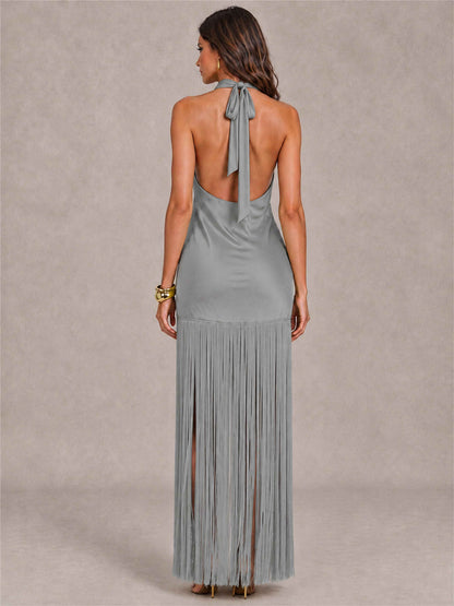 Halter Neck Sheath Sleeveless Satin Wedding Guest Dress with Fringe
