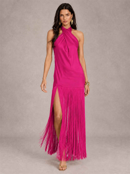 Halter Neck Sheath Sleeveless Satin Wedding Guest Dress with Fringe