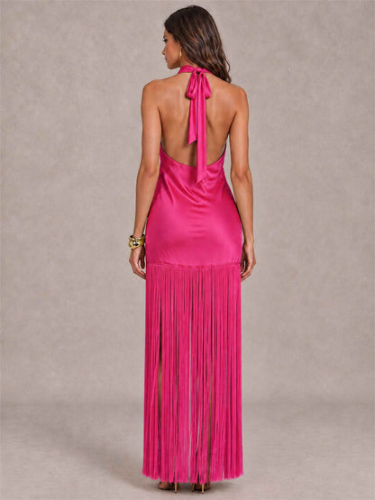 Halter Neck Sheath Sleeveless Satin Wedding Guest Dress with Fringe