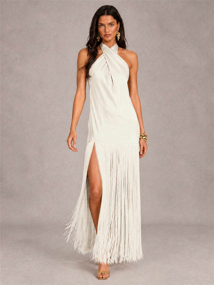 Halter Neck Sheath Sleeveless Satin Wedding Guest Dress with Fringe