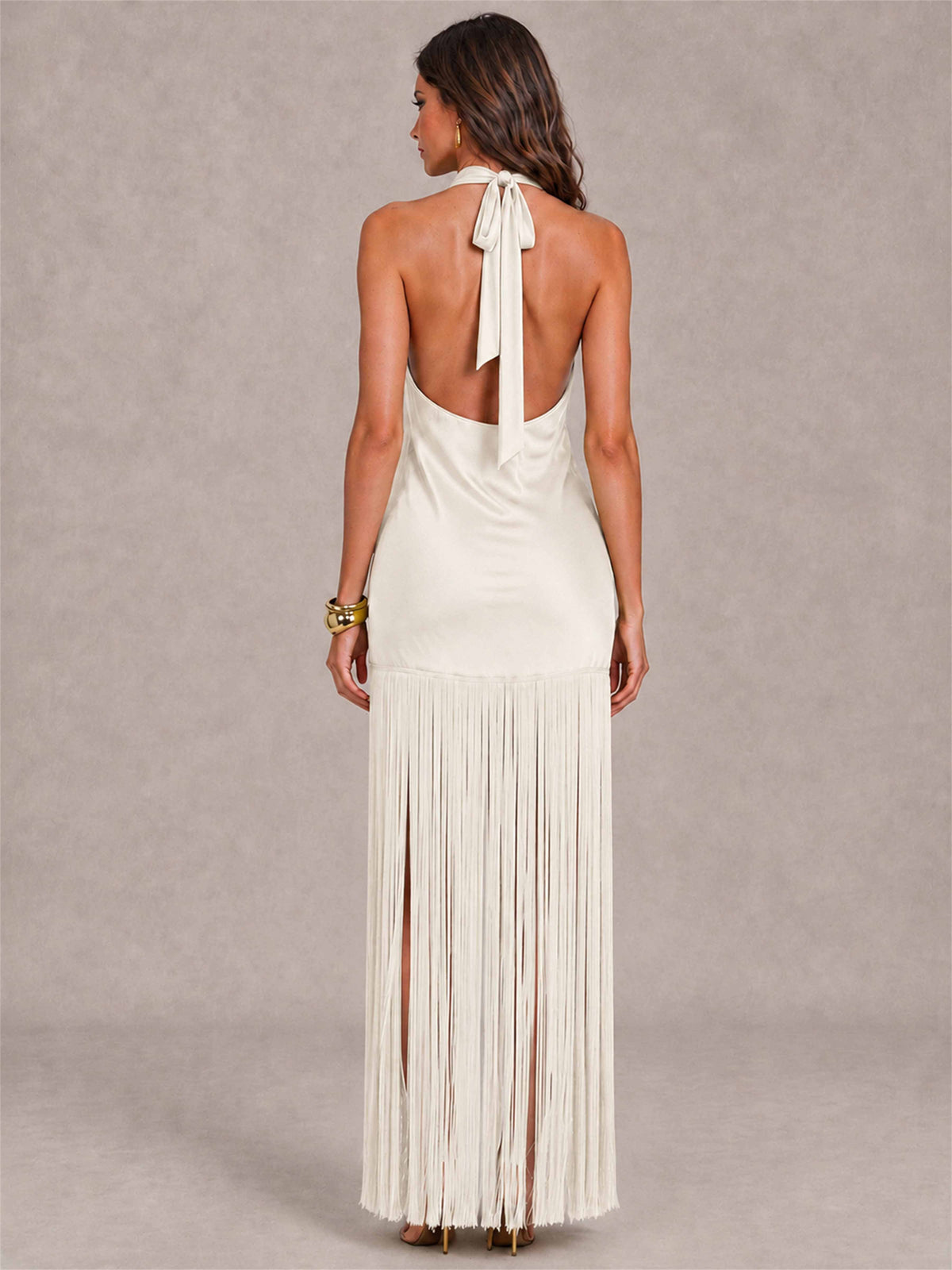 Halter Neck Sheath Sleeveless Satin Wedding Guest Dress with Fringe