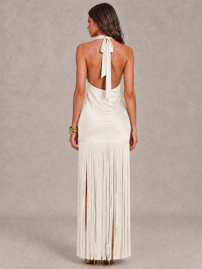 Halter Neck Sheath Sleeveless Satin Wedding Guest Dress with Fringe