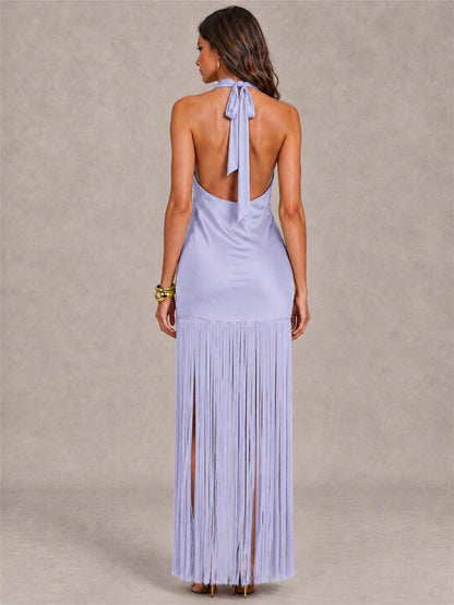 Halter Neck Sheath Sleeveless Satin Wedding Guest Dress with Fringe