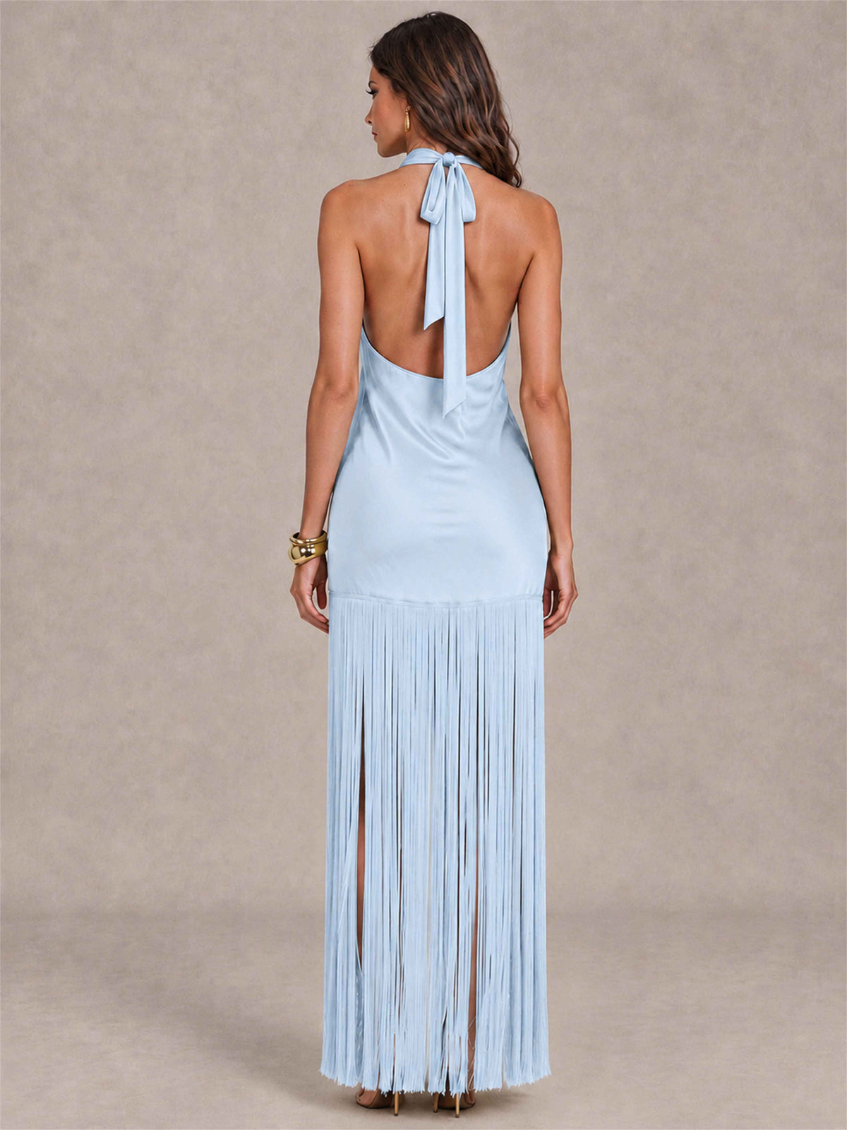 Halter Neck Sheath Sleeveless Satin Wedding Guest Dress with Fringe