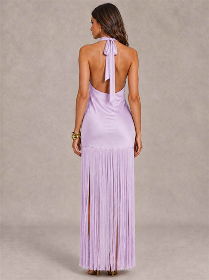 Halter Neck Sheath Sleeveless Satin Wedding Guest Dress with Fringe