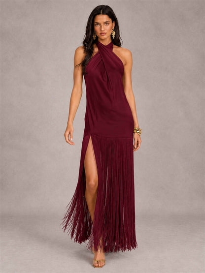 Halter Neck Sheath Sleeveless Satin Wedding Guest Dress with Fringe