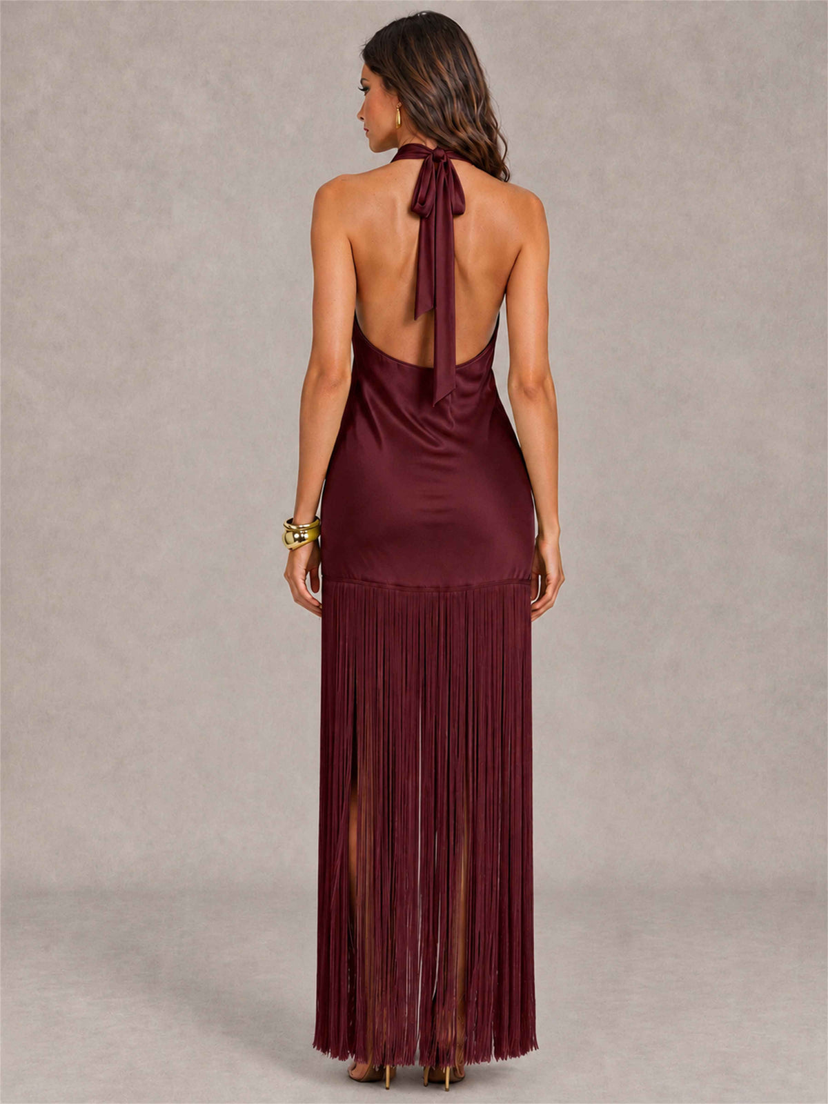 Halter Neck Sheath Sleeveless Satin Wedding Guest Dress with Fringe