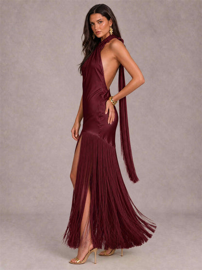 Halter Neck Sheath Sleeveless Satin Wedding Guest Dress with Fringe