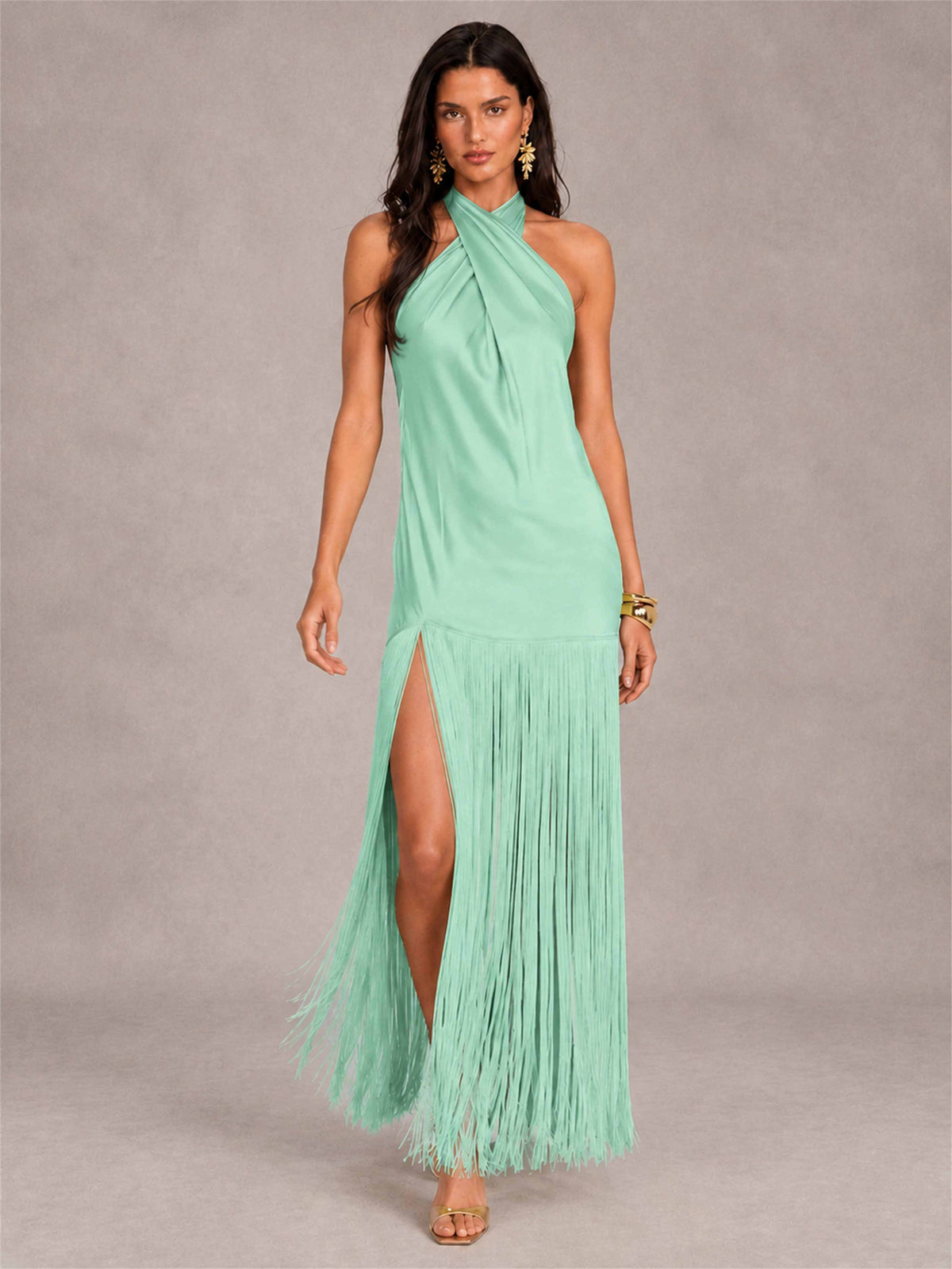 Halter Neck Sheath Sleeveless Satin Wedding Guest Dress with Fringe