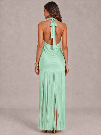 Halter Neck Sheath Sleeveless Satin Wedding Guest Dress with Fringe