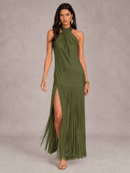 Halter Neck Sheath Sleeveless Satin Wedding Guest Dress with Fringe