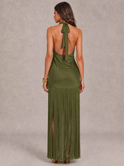 Halter Neck Sheath Sleeveless Satin Wedding Guest Dress with Fringe
