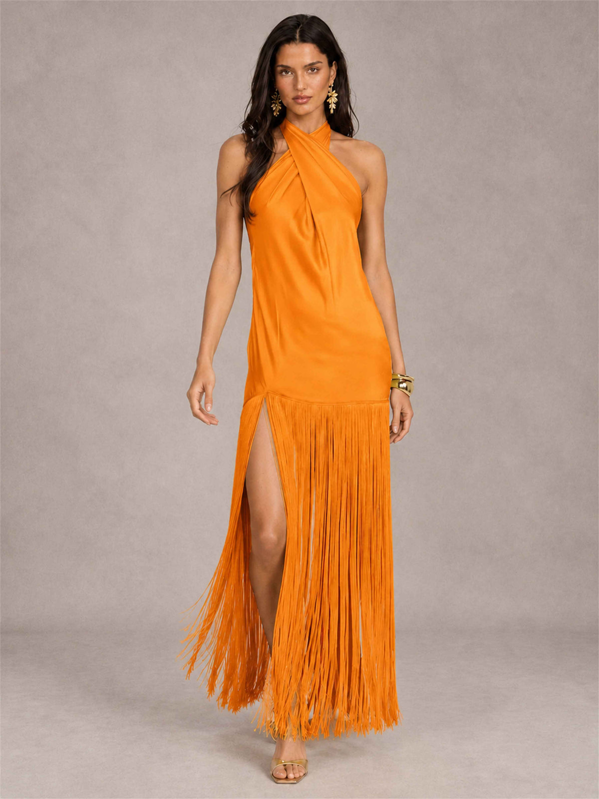 Halter Neck Sheath Sleeveless Satin Wedding Guest Dress with Fringe