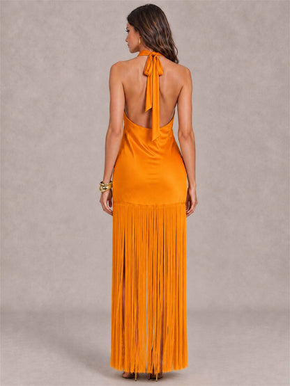 Halter Neck Sheath Sleeveless Satin Wedding Guest Dress with Fringe