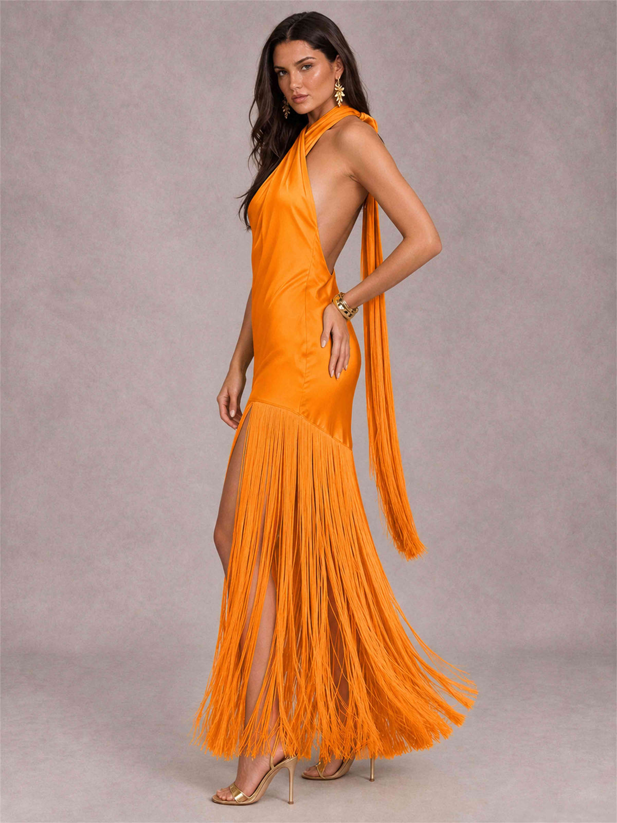 Halter Neck Sheath Sleeveless Satin Wedding Guest Dress with Fringe