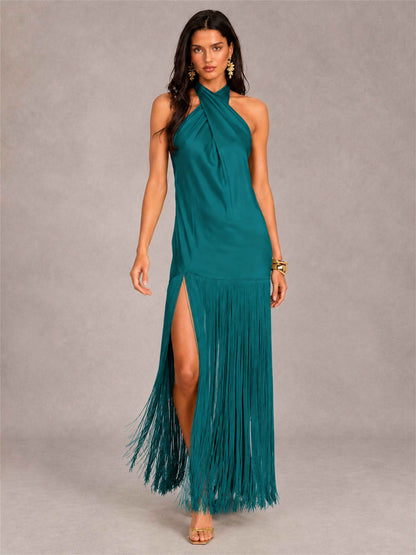 Halter Neck Sheath Sleeveless Satin Wedding Guest Dress with Fringe