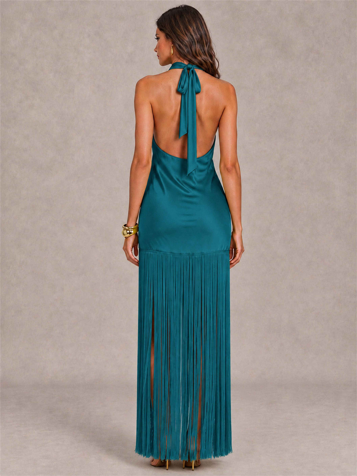 Halter Neck Sheath Sleeveless Satin Wedding Guest Dress with Fringe