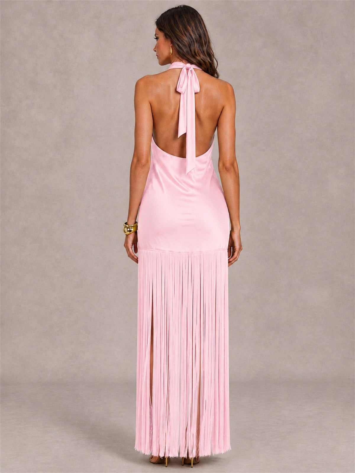 Halter Neck Sheath Sleeveless Satin Wedding Guest Dress with Fringe