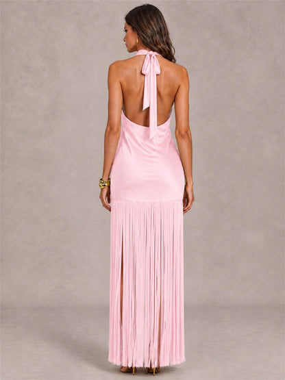 Halter Neck Sheath Sleeveless Satin Wedding Guest Dress with Fringe