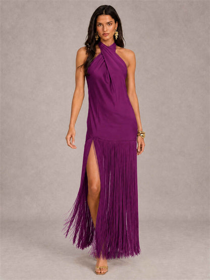 Halter Neck Sheath Sleeveless Satin Wedding Guest Dress with Fringe