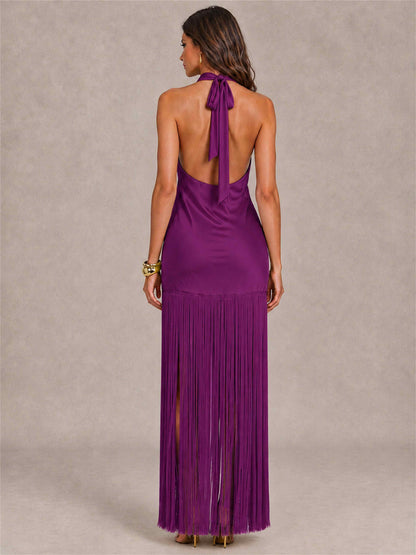 Halter Neck Sheath Sleeveless Satin Wedding Guest Dress with Fringe